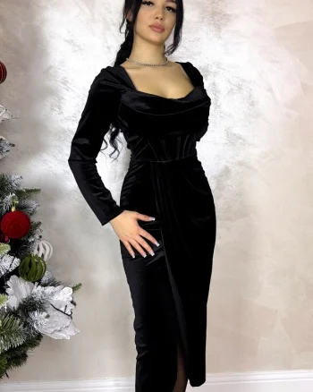 Rochie de ocazie, catifelata Kassia, cu aspect petrecut, Negru, Marime S/M