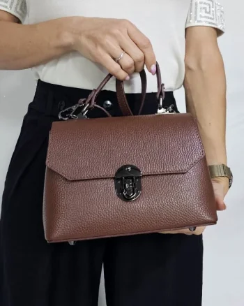 Geanta eleganta, GlamourGrip, din piele naturala, business si curea detasabila, Maro Inchis