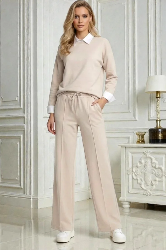 Compleu casual ALYA, cu bluza tip camasa si pantaloni lejeri cu snur, Bej, Marime S/M/L