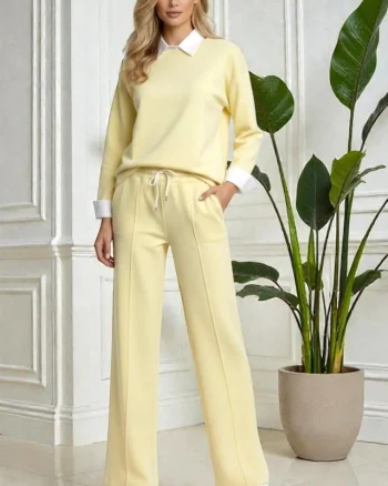Compleu dama ALYA, cu bluza tip camasa si pantaloni lejeri cu snur, Galben, Marime S/M/L