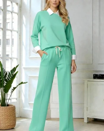 Compleu dama ALYA, cu bluza tip camasa si pantaloni lejeri cu snur, Verde, Marime S/M/L
