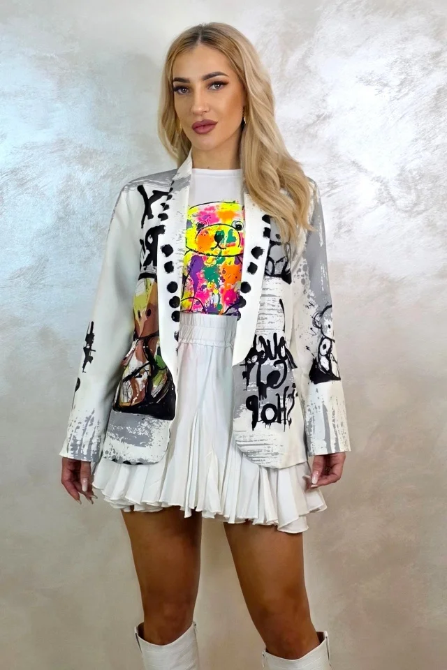 Sacou de zi GRAFFITI, cu imprimeu pop-art, Go To Shop, Alb, Marime S/M