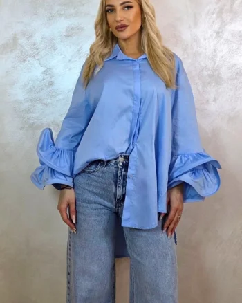 Camasa cu volane Sugar LoLLy si lungime asimetrica, Albastru Baby Blue, Marime S/M/L