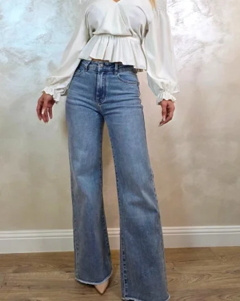 Blugi wide leg evazati Ventura, cu textura elastica, Albastru prespalat