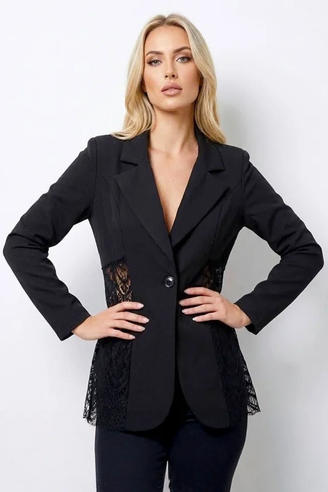Sacou de ocazie Roselle, cu panou asimetric din dantela, Negru, Marime S/M