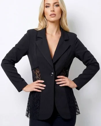 Sacou de ocazie Roselle, cu panou asimetric din dantela, Negru, Marime S/M