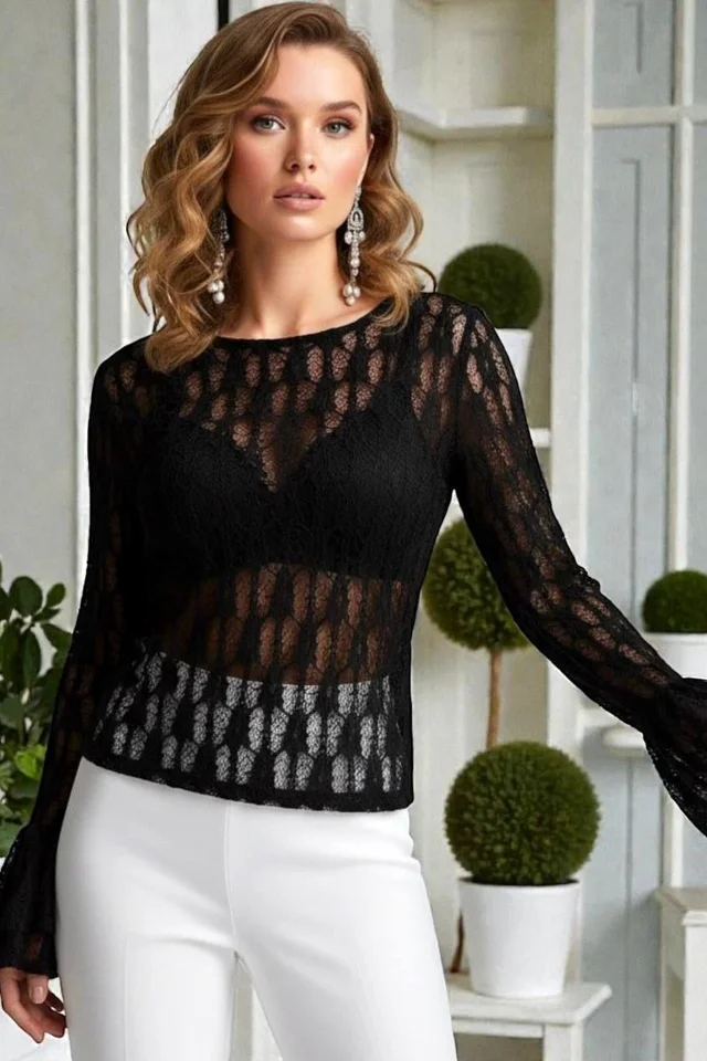 Bluza transparenta din dantela, Velisse, cu mansete evazate, Negru, Marime S/M