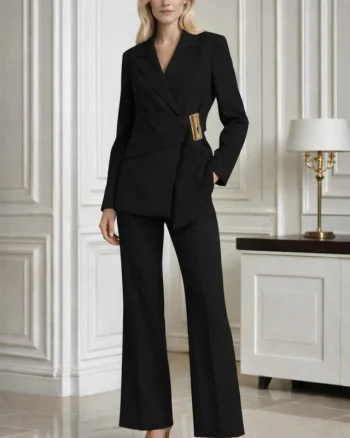 Costum Lumira doua piese, sacou cu detaliu elegant si catarama aurie, Negru, Marime S/M