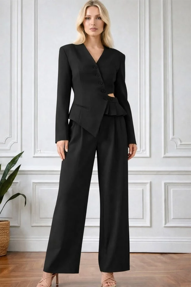 Costum Lareen cu linie moderna si sacou asimetric, decupat in talie, Negru, Marime S/M