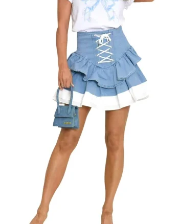 Fusta scurta denim CIELO, cu snururi si volane, Albastru deschis