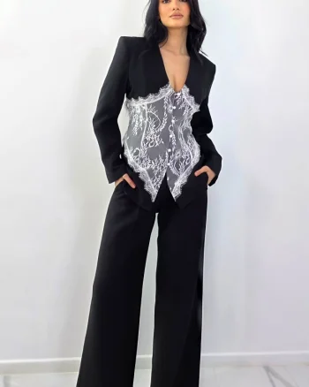 Costum dama VALERYS, pantaloni si sacou cu insertie din dantela aplicata, Negru, Marime S/M