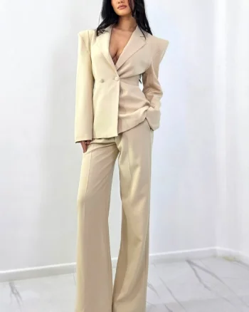 Costum dama KALEN, sacou cambrat cu funda si pantaloni drepti, Crem, Marime S/M