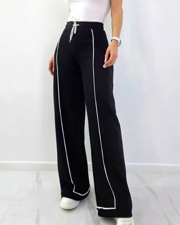 Pantaloni casual MODAL, croiala wide leg cu pensa si dungi, Negru
