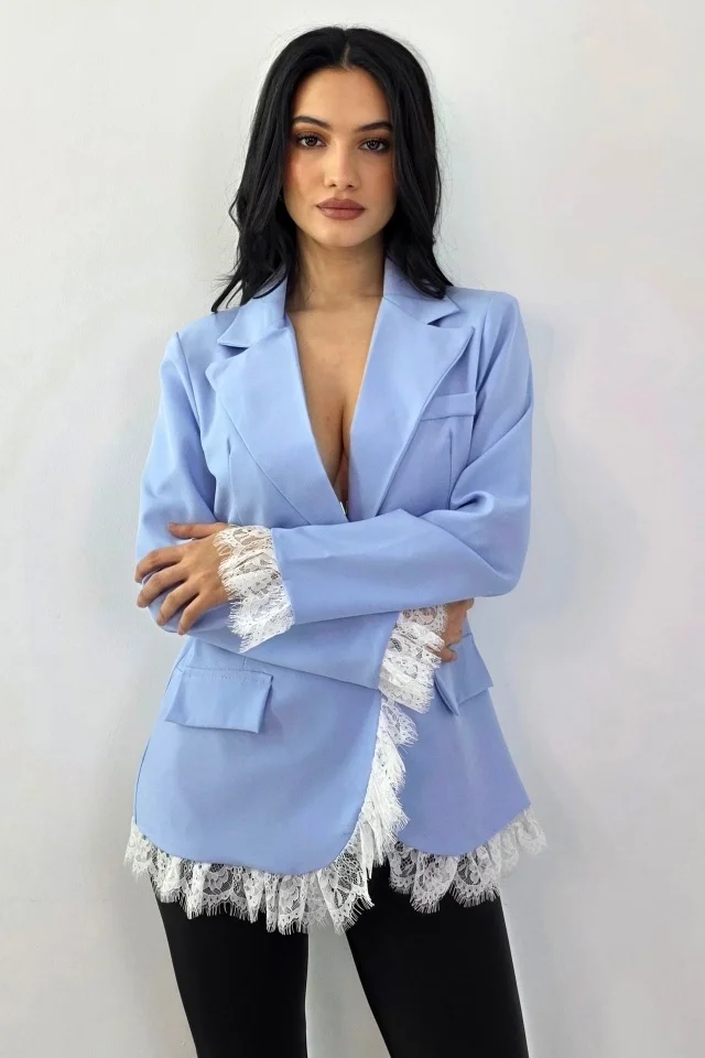 Sacou lung, elegant KISHA Pastel, cu garnituri din dantela, Baby Blue, Marime S/M