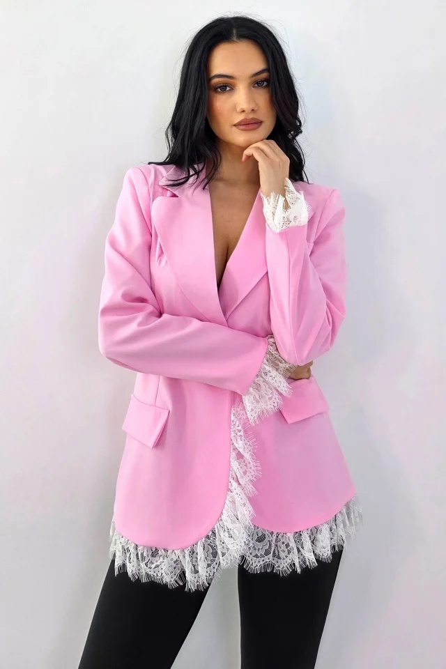 Sacou lung, elegant KISHA Pastel, cu garnituri din dantela, Roz, Marime S/M
