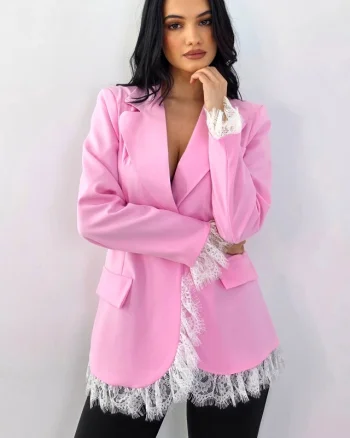 Sacou lung, elegant KISHA Pastel, cu garnituri din dantela, Roz, Marime S/M