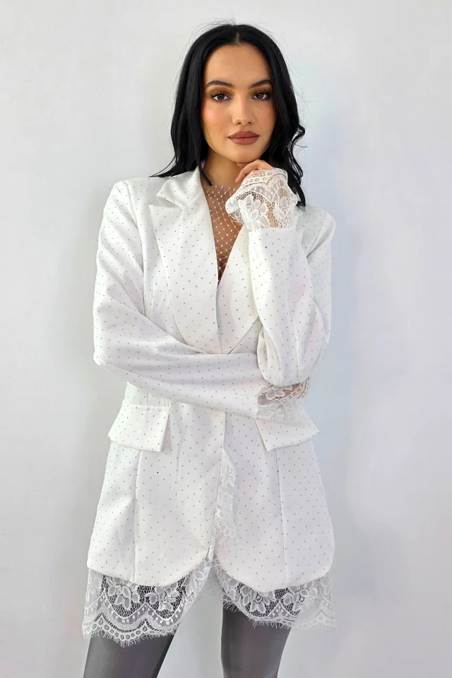 Rochie scurta sacou IMPERYA, garnituri din dantela si cristale, Alb, Marime S/M