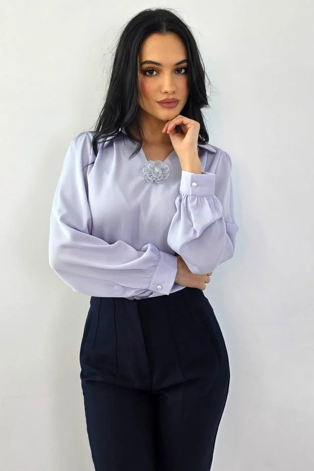 Camasa aspect matasos DORYA, cu perla si brosa detasabila, Lila, Marime S/M