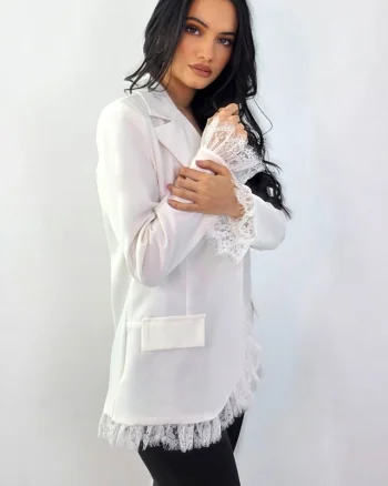 Sacou lung, elegant KISHA Pastel, cu garnituri din dantela, Alb, Marime S/M