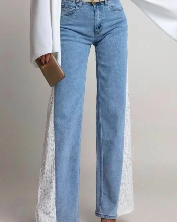 Blugi wide leg Brooklyn, cu textura elastica si dantela, Albastru deschis