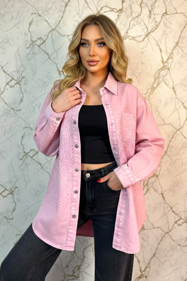 Camasa lunga denim LISBON, cu capse si cristale stralucitoare, Roz