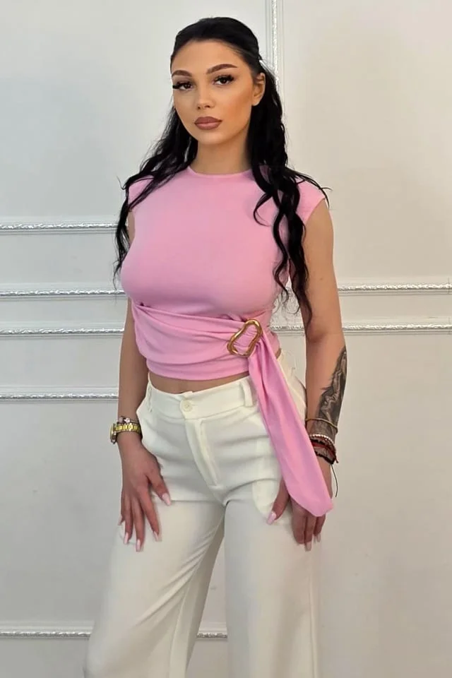 Top scurt elegant ARVEN, cu detaliu metalic auriu, ROZ