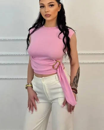 Top scurt elegant ARVEN, cu detaliu metalic auriu, ROZ