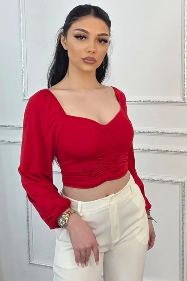 Bluza crop RUBINA, cu efect bufant si decolteu sweetheart, Rosu