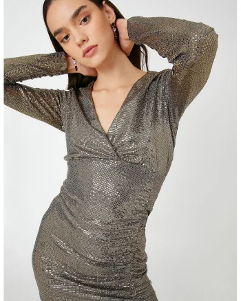 Rochie cambrata cu decolteu in V, Argintiu inchis/Bronz