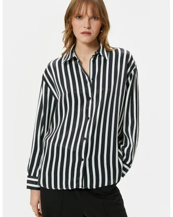 Camasa din satin cu model in dungi, Alb/Negru