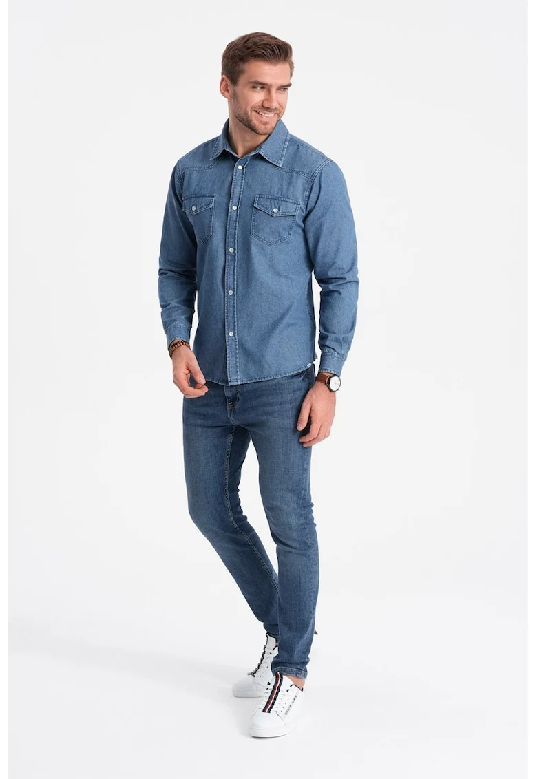 Camasa din material chambray cu capse, Albastru pastel