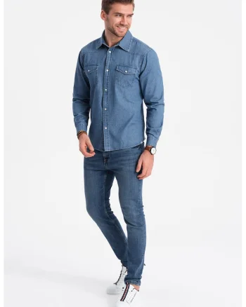 Camasa din material chambray cu capse, Albastru pastel