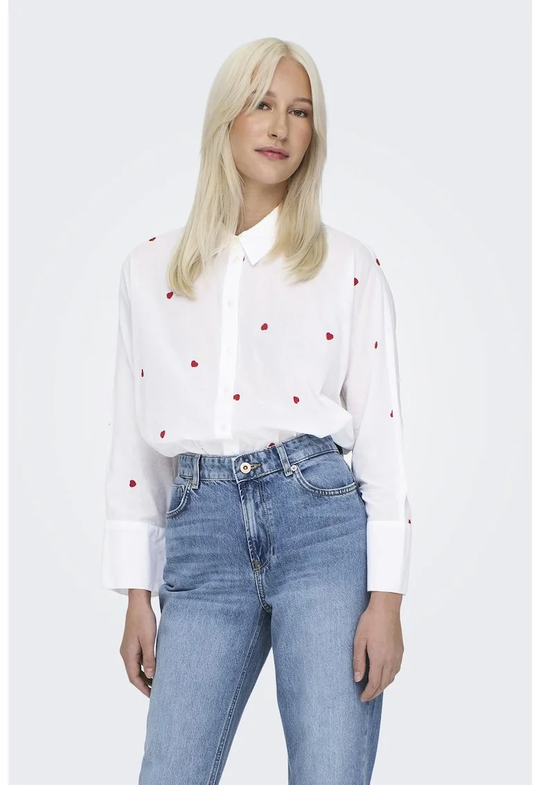 Camasa din bumbac cu broderie New, Rosu/Alb