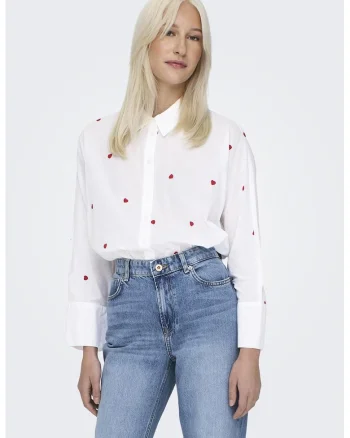 Camasa din bumbac cu broderie New, Rosu/Alb