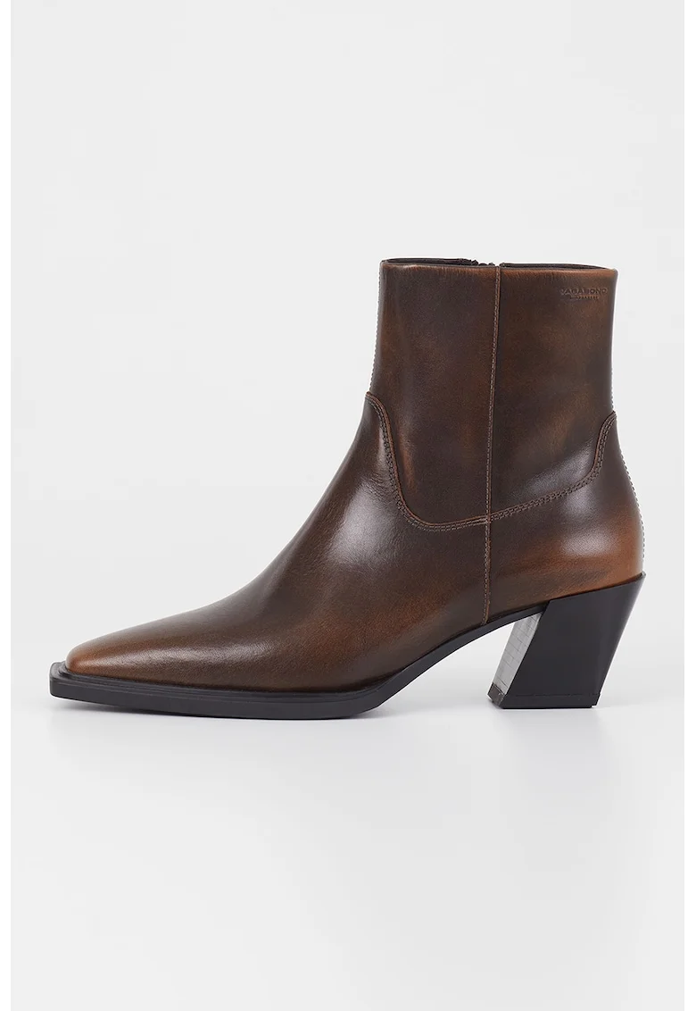 Botine de piele cu varf patrat, Maro
