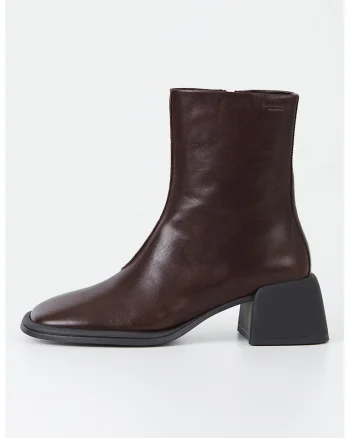 Botine de piele cu toc masiv, Maro inchis