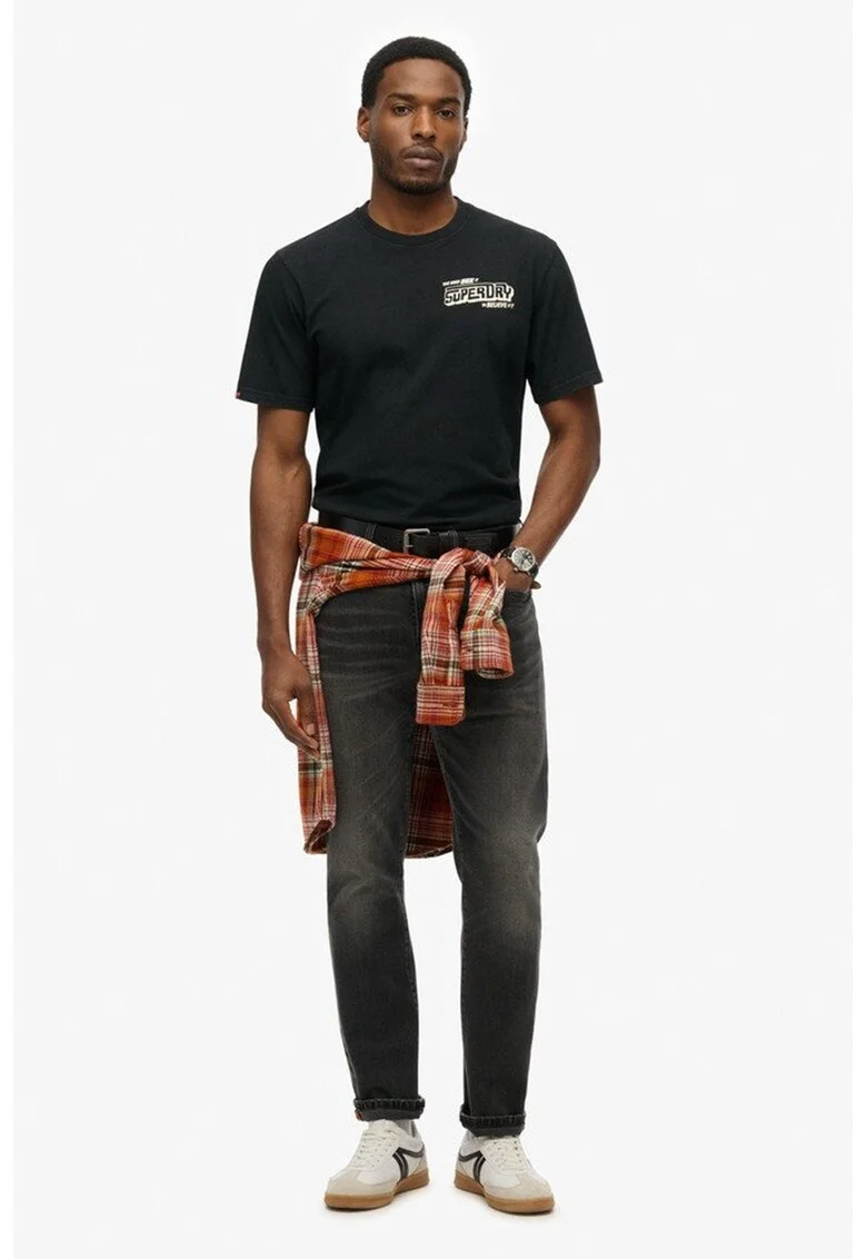 Tricou cu decolteu la baza gatului si imprimeu pe partea din spate, Alb/Negru