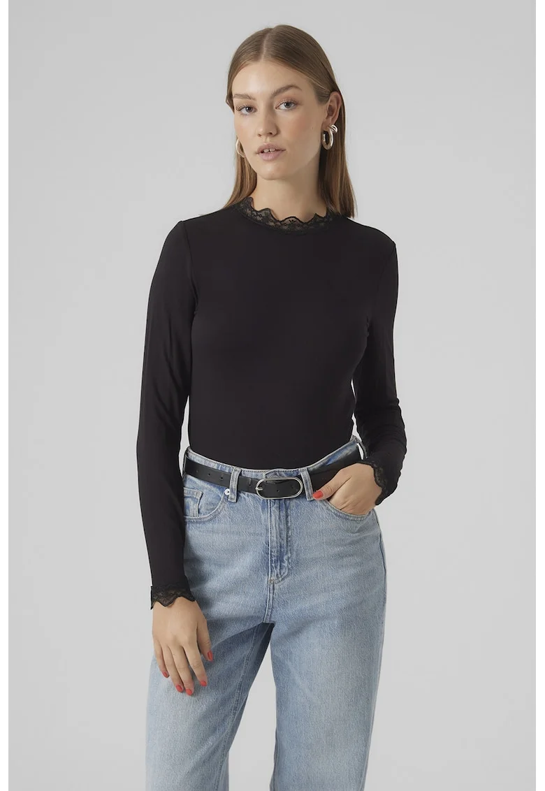 Bluza slim fit cu garnituri de dantela, Negru