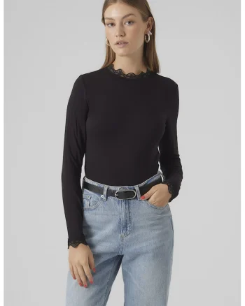 Bluza slim fit cu garnituri de dantela, Negru