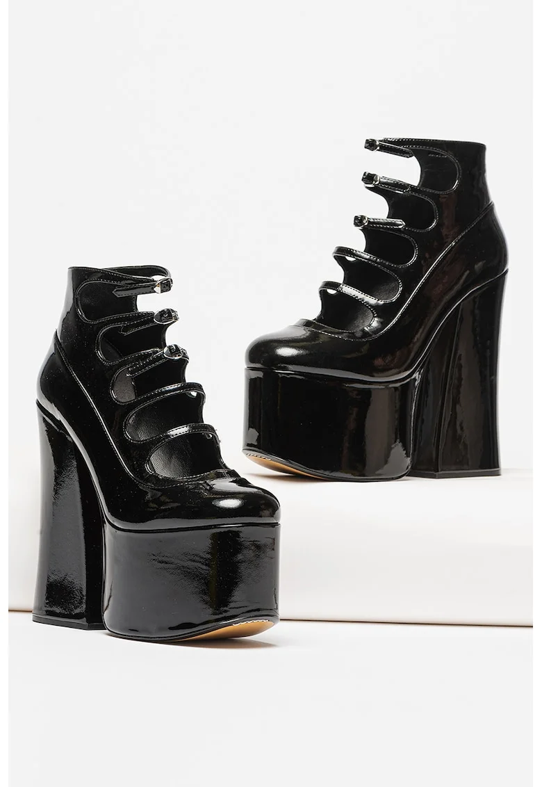 Pantofi de piele lacuita cu barete multiple, Negru