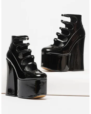 Pantofi de piele lacuita cu barete multiple, Negru