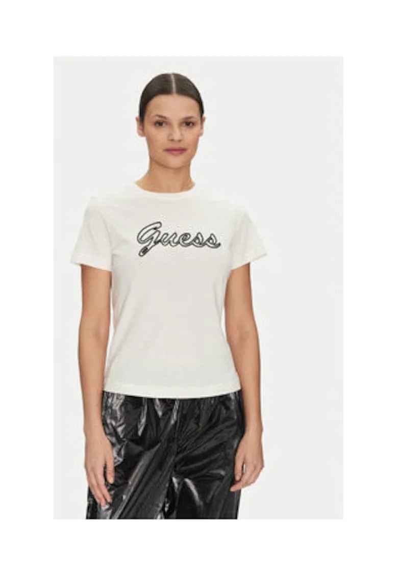 Tricou din bumbac organic cu imprimeu logo si decolteu la baza gatului,