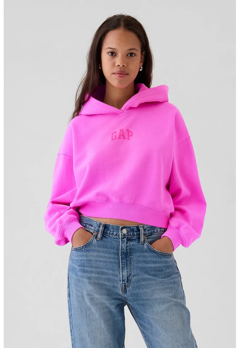 Hanorac crop cu animal print si logo, Fucsia/Roz aprins