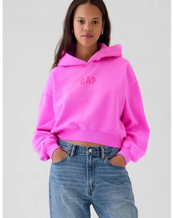 Hanorac crop cu animal print si logo, Fucsia/Roz aprins