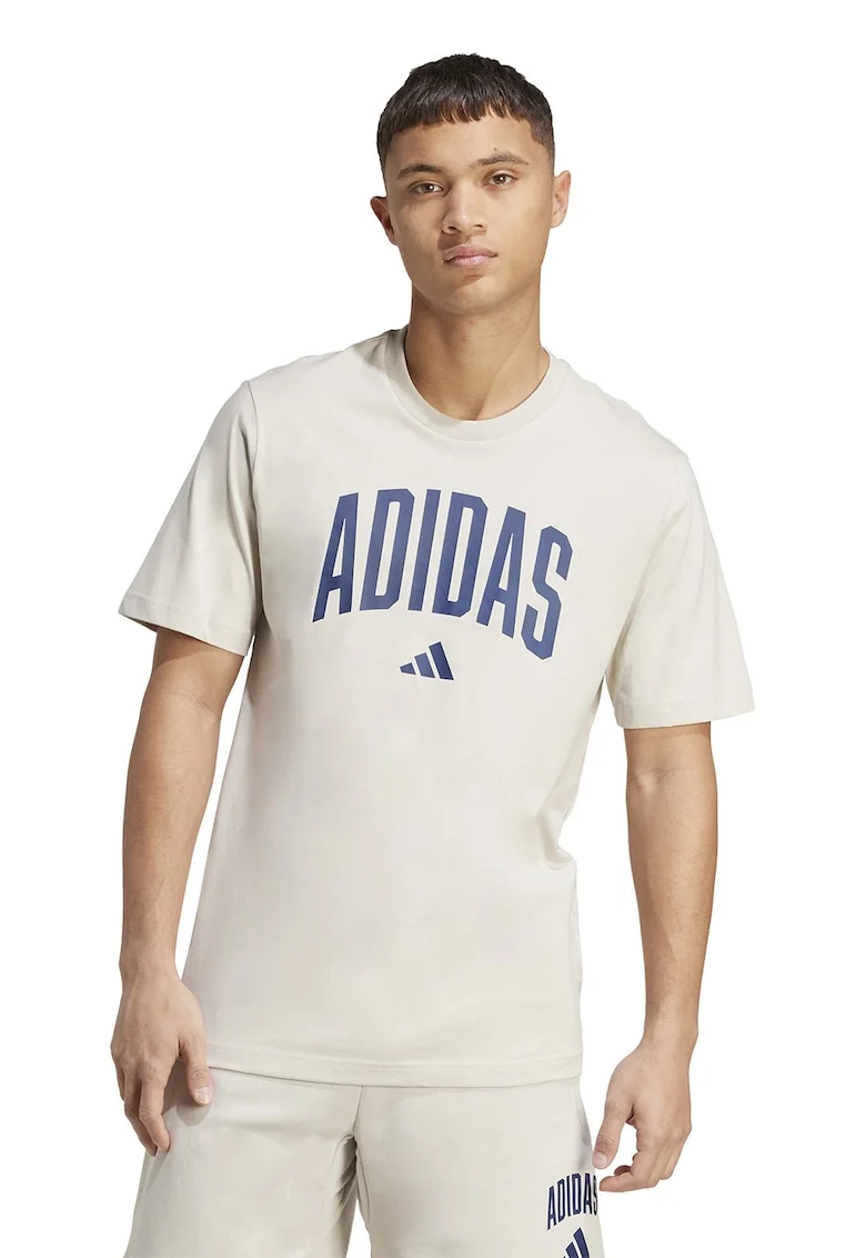 Tricou lejer de bumbac cu imprimeu logo, Albastru inchis/Bej