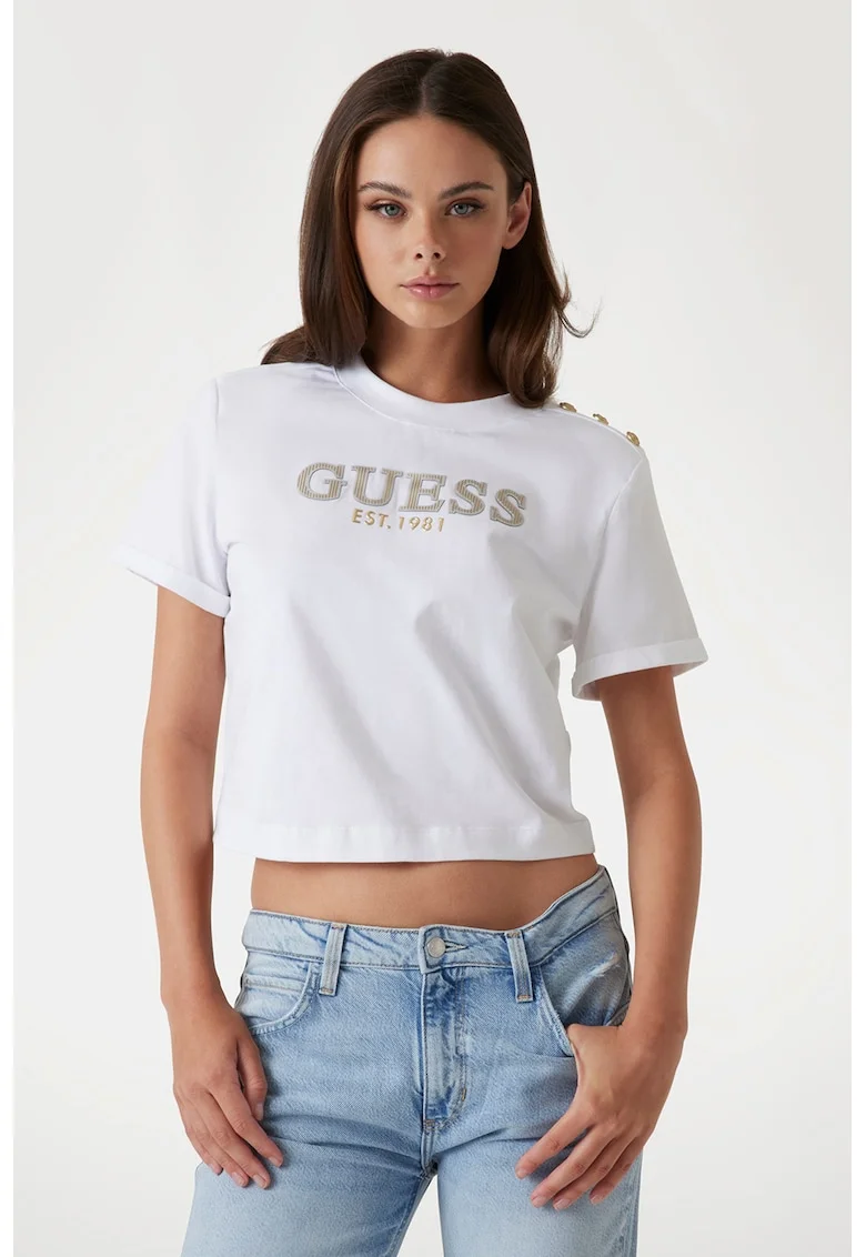 Tricou crop cu logo, Alb/Auriu