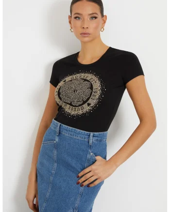 Tricou din amestec de bumbac cu aplicatii cu strasuri, Auriu/Negru