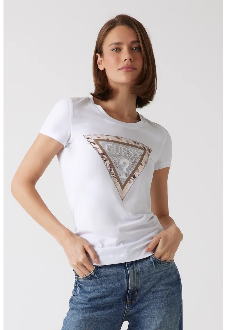 Tricou cu decolteu rotund si imprimeu logo, Alb/Maro taupe