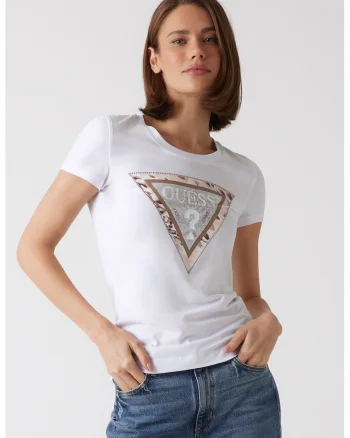 Tricou cu decolteu rotund si imprimeu logo, Alb/Maro taupe