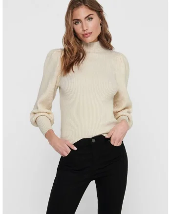 Pulover cu guler inalt, striatii si maneci bufante, Crem